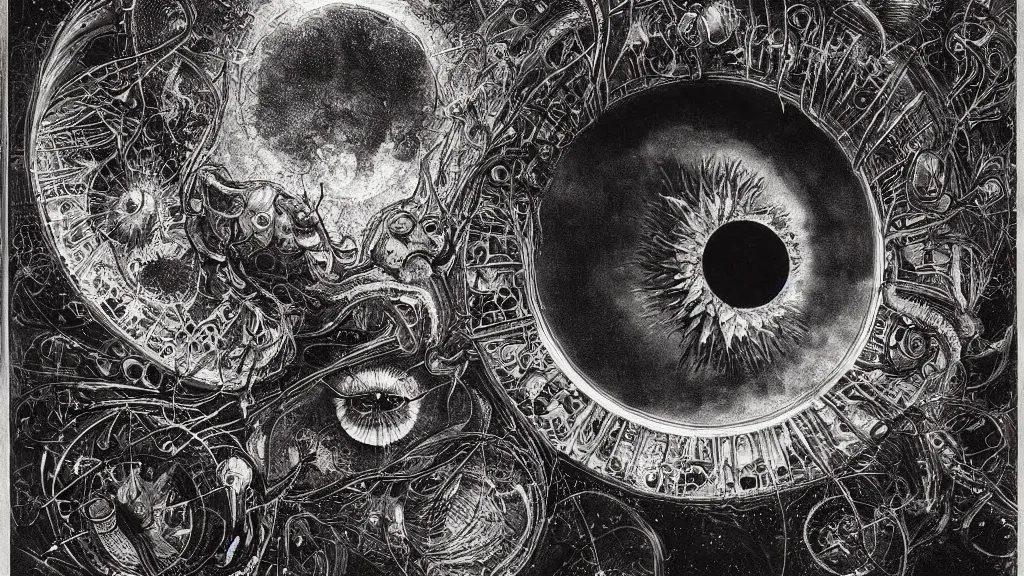 Image similar to a beautiful dreamy painting of a coronavirus inside evening television news, evil eye, dark, sinister, detailed, high contrast, art by Ernst Haeckel and Greg Rutkowski