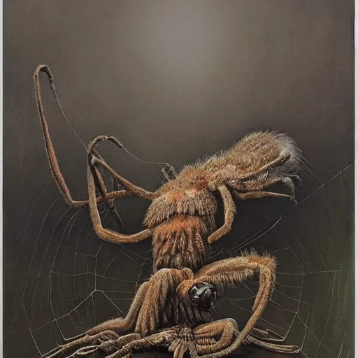 Image similar to tarantula morphed with hyena in sewer, long skinny legs and large fangs, sitting on web, highly detailed beksinski painting