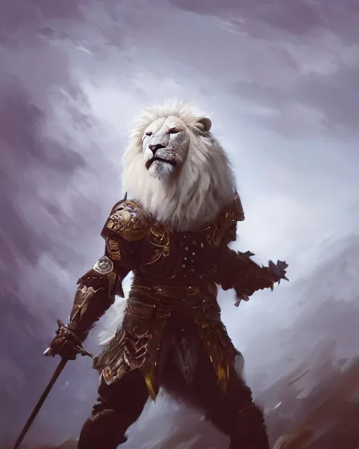 Image similar to oil painting of Anthropomorphized White Lion General in Battle, wearing fur cloak, sharp focus, holding Sabre, fantasy style, octane render, volumetric lighting, 8k high definition, by greg rutkowski, highly detailed, trending on art Station, magic the gathering artwork, Battlefield backround, centered