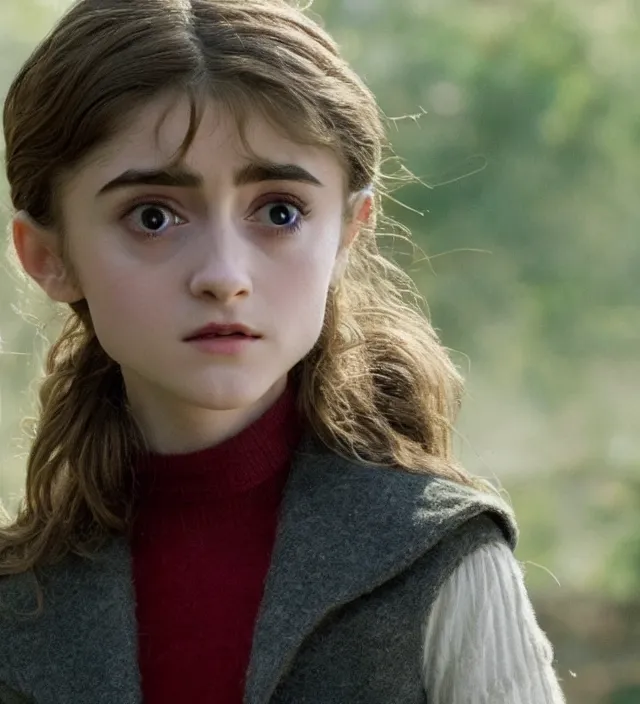 Image similar to beautiful cute young natalia dyer in harry potter, movie still frame, hd, remastered, cinematic lighting