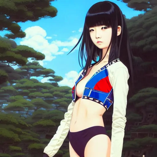 Image similar to a beautiful japanese lalisa alluring gravure model, wearing oversized designer bomber jacket and leotard, bulky poofy bomber jacket with mesoamerican patterns, mesoamerican native street fashion, gapmoe yandere grimdark, trending on pixiv fanbox, painted by greg rutkowski makoto shinkai takashi takeuchi studio ghibli, akihiko yoshida