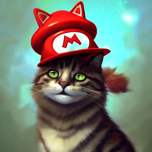 Image similar to Portrait of a Cat dressed as Super Mario, Mario hat, kawaii aesthetic, nintendo, highly detailed, digital painting, artstation, concept art, smooth, sharp focus, illustration, art by artgerm and greg rutkowski and alphonse mucha