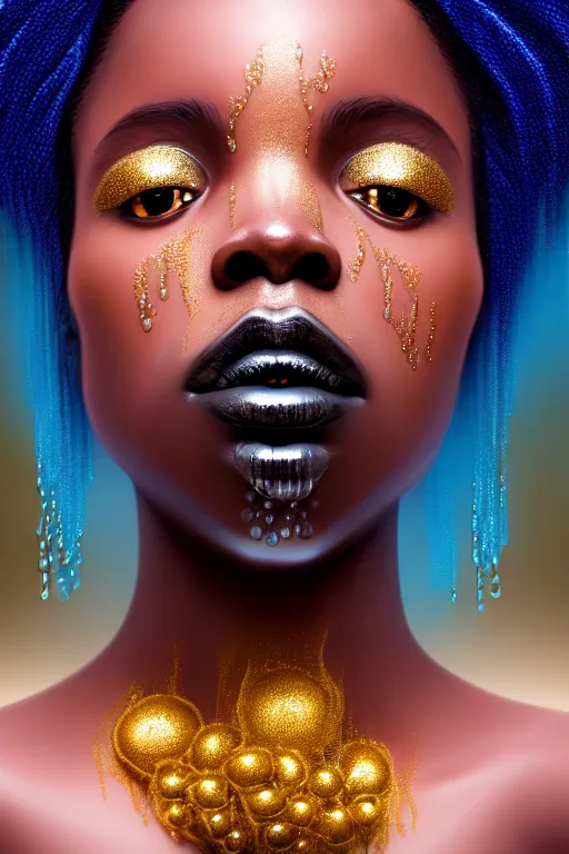 Prompt: hyperrealistic precisionist cinematic profile very expressive! black oshun goddess, in water! up to shoulders, mirror dripping droplet!, gold flowers, highly detailed face, digital art masterpiece, smooth jason limon cam de leon, dramatic pearlescent turquoise light on one side, low angle uhd 8 k, shallow depth of field