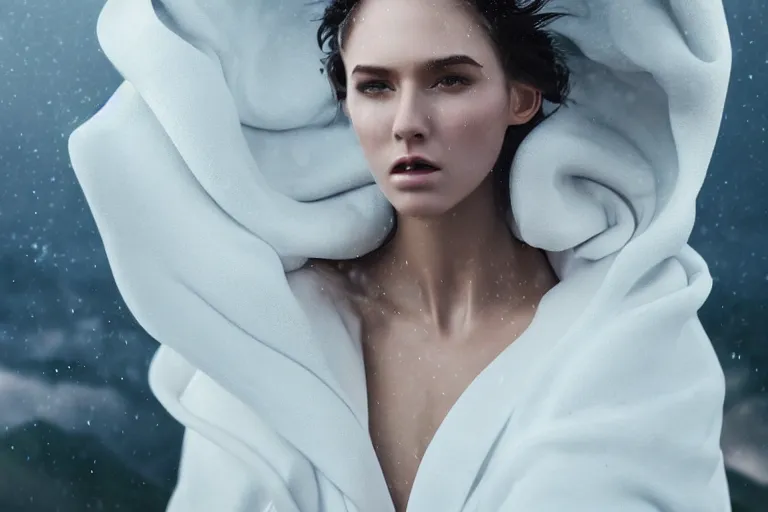 Prompt: a cinematic bust portrait of a beautiful model woman wearing long white futuristic coat, on the top of a mountain, large diffused light, neon light, 4 k, ultra realistic, dramatic lighting, rain, clouds, fog, vogue, fashion, glamour, magazine spread, by marco mazzoni and jessica rossier