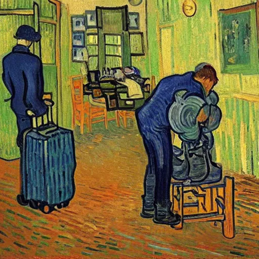 Prompt: person packing luggage for a trip, painting by Van Gogh