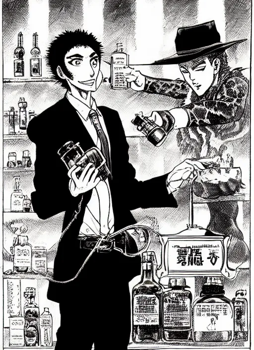 Image similar to portrait of a snake oil salesman offering you a bottle of serum formula, art by Kentaro Miura, it idn't greasy