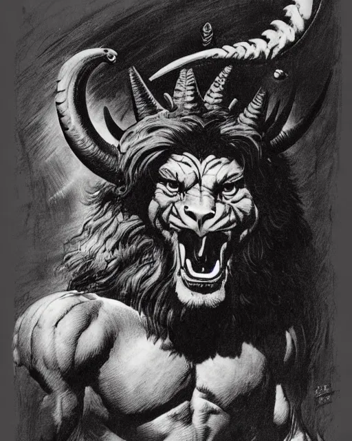 Image similar to a creature with the body and eyes of a man, with the beak of an eagle, the mane of a lion, and the horns of an ox. drawn by frank frazetta