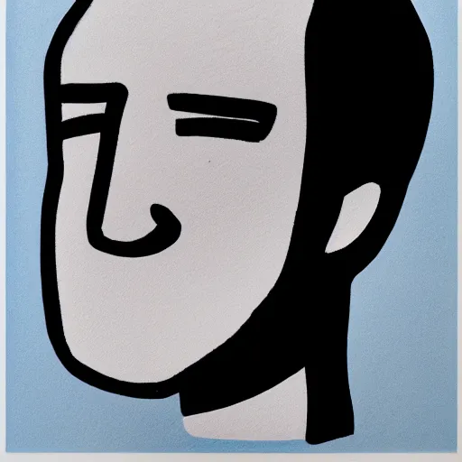 Image similar to hand - drawn minimalistic line portrait of bald man with round face, short beard, small round eyebrows, wide lips and kind blue eyes, black and white, pictogram, ink, pencil