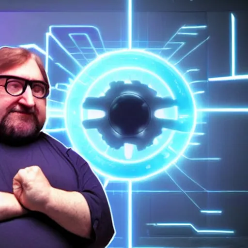 Image similar to Gabe newell enters the metaverse, futuristic, cyber, striking, impactful, colorful