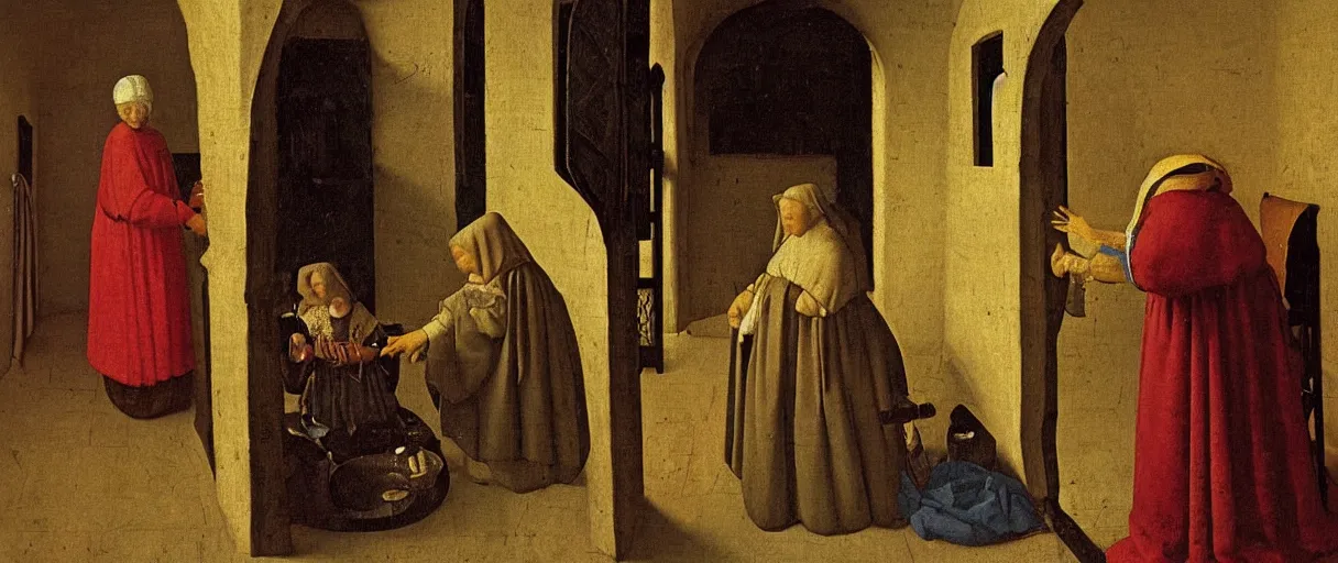 Image similar to A medieval old woman healer treats a boy with herbs, medieval painting by Jan van Eyck, Johannes Vermeer, H 700