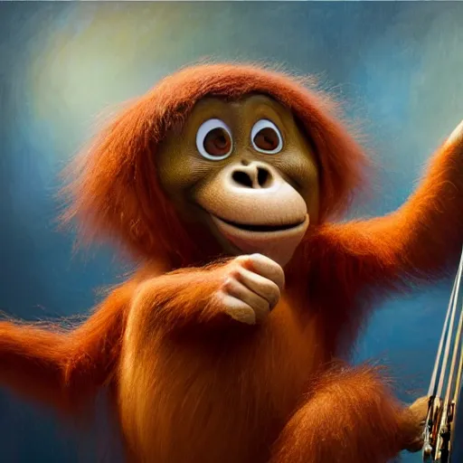 Prompt: An adorable whimsical orangutang conducting an orchestra, highly detailed, digital painting, artstation, concept art, smooth, sharp focus, studio light, by Pixar and Disney and Justin Gerard,