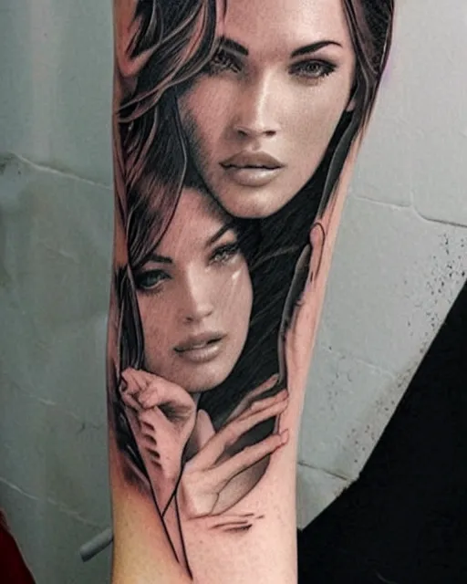 Image similar to creative double exposure effect tattoo design sketch of megan fox faded in beautiful mountain scenery, realism tattoo, in the style of matteo pasqualin, amazing detail, sharp