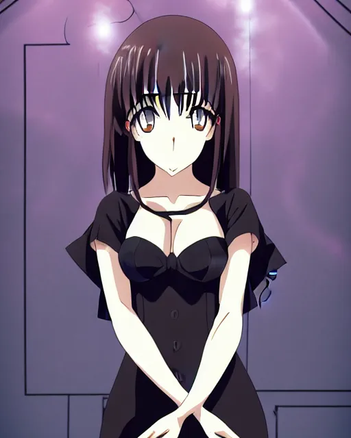 Image similar to anime woman, black dress, rooftop party, symmetrical faces and eyes symmetrical body, middle shot waist up, airplane hanger background, Madhouse anime studios, Black Lagoon, Wit studio anime, romantic lighting, 2D animation