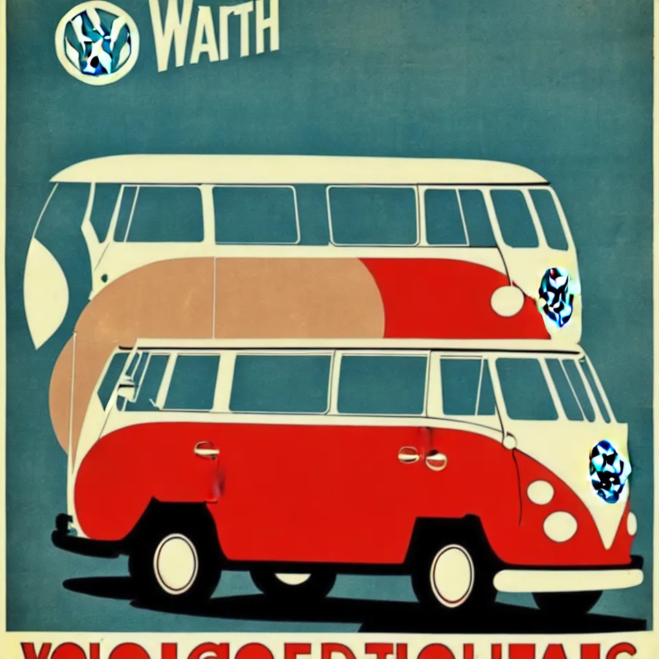 Prompt: a vintage poster of a vw bus