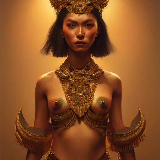 Prompt: expressive oil painting, of alluring mayan princess warrior, seductive look, smooth glowing skin, glistening body, sweat, slender, ornate headpiece made of leaves, glamour shot, digital concept art, octane render, 5 0 mm, dramatic lighting