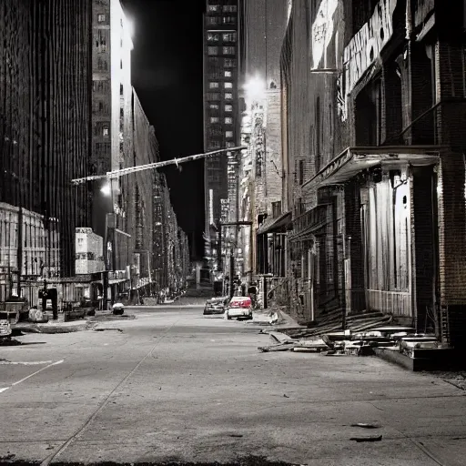 Image similar to color photograph, highly detailed abandoned New York city street at night after the war between humans and AIs, natural light, film grain, soft vignette, sigma 85mm f/1.4 1/10 sec shutter, film still promotional image, IMAX 70mm footage
