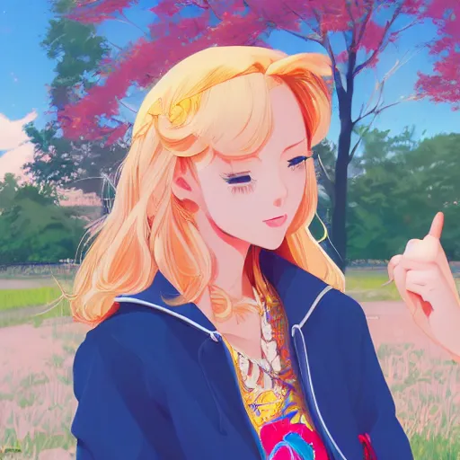 Image similar to portrait of a beautiful girl with blonde hair dressed in 1960's hippie fashion, park background, rich vivid colors, ambient lighting, dynamic lighting, 4k, HQ, official media, anime key visual, makoto shinkai, ilya kuvshinov, lois van baarle, rossdraws, detailed, trending on artstation