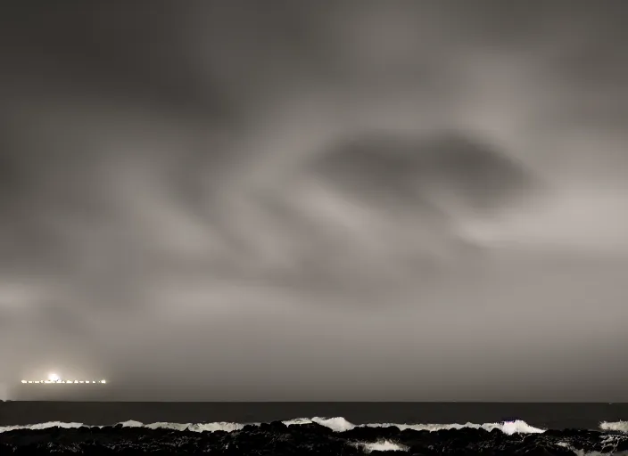 Image similar to a photo of a lighthouse in a storm at night. lonely, churning waves, splashing on lighthouse. warm lighting, long exposure