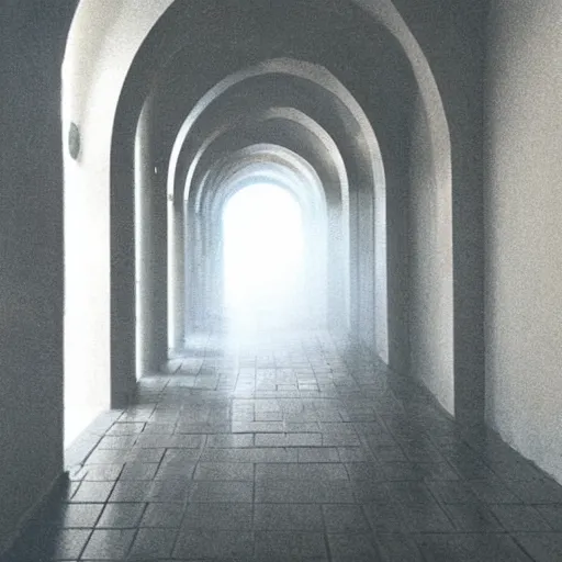 Prompt: Beautiful Photograph of an infinitely tiled infinite foggy liminal hallway with archways and water water water water on the floor