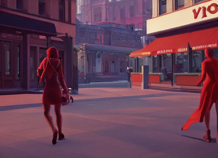 Image similar to inspiring beautiful girl a red propaganda flag walking through crowd in a beautiful futuristic city by Edward Hopper and Dan Mumford, Unreal Engine 5, Lumen, Nanite