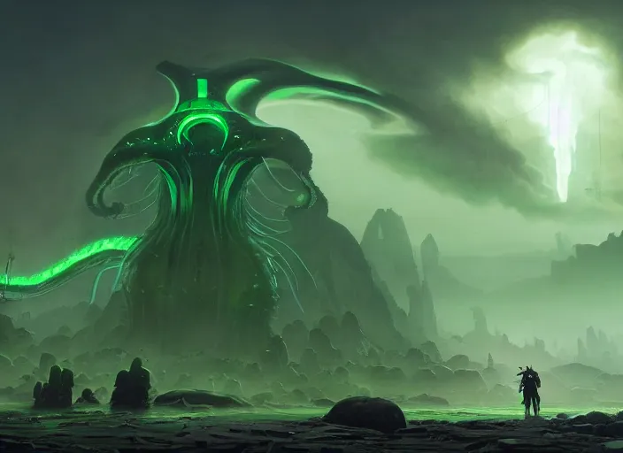 Image similar to giant monstrous green aggressive squid monster towering over man in white armor who has a gleaming sword made of black fire. The foreground is covered by mystical, translucent mist, epic science fiction horror digital matte painting by Simon Stalenhag and Mark Brooks (and Greg Rutkowski), extremely detailed, artstation