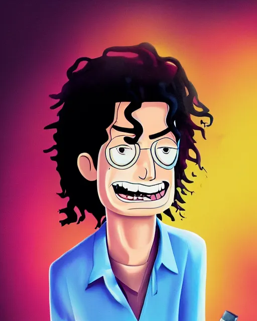 Image similar to portrait of michael jackson in the style of justin roiland. cinematic lighting. style of rick & morty. photographic, photography. by justin roiland