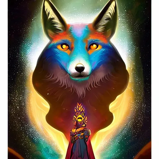 Image similar to a stylized painting for an avatar of an awesome cosmic powerful luxurious foxfolk mage themed around death and the cosmos, in the style of dnd beyond avatar portraits, beautiful, artistic, elegant, lens flare, magical, lens flare, nature, realism, stylized, art by jeff easley and genndy tartakovsky