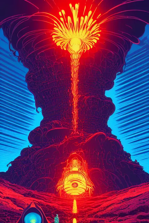 Image similar to artwork by kilian eng and ( dan mumford ) and toshi yoshida and franklin booth showing a futuristic powerstation!! in front of a ( ( exploding volcano ) ), vintage scifi, high details, dramatic lightning,, 8 k