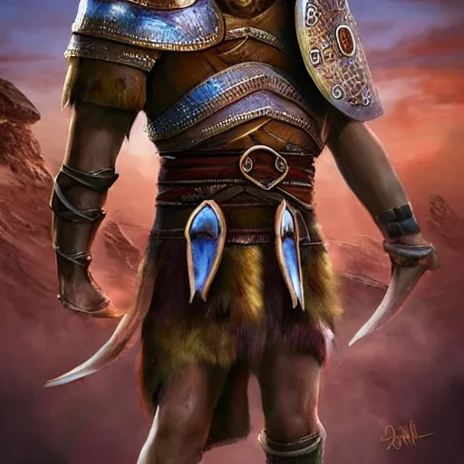 Prompt: a tall giant with arms that dangle all the way down to his feet, he is wearing a bronze chest plate and a Viking helmet. Epic digital art