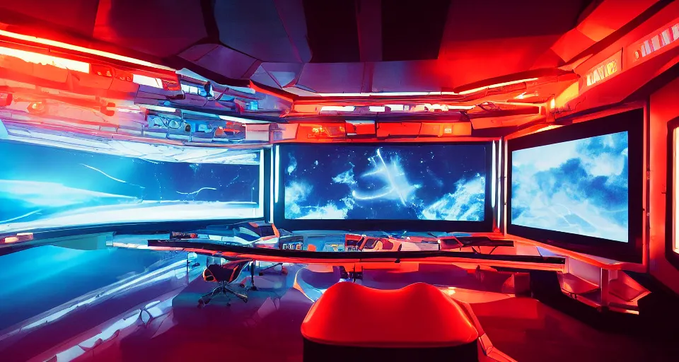 Image similar to Film still of the bridge of a space ship, large viewscreens, control panels, white plastic, black interface, metallic, soft orange and cyan highlights, burning fire, electric sparks, smoke, Cinestill colour cinematography, anamorphic