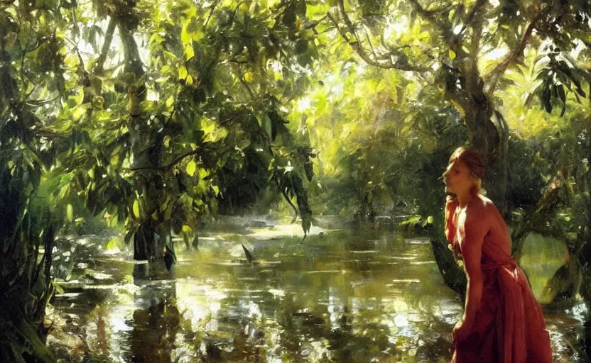 Prompt: oil painting lanscape by anders zorn, jungle nature, fruit trees, very very very very beautiful art, dramatic light, water reflections, female model