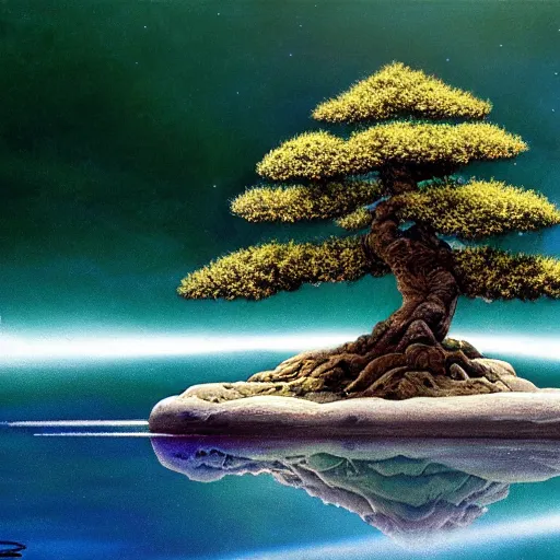 Prompt: concept art bonsai fir growing from a small rock in water, reflection and circles on the water, ron cobb, intricate, epic composition, sparkling atmosphere, cinematic lighting + masterpiece