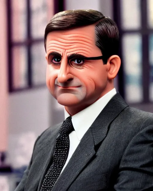 Prompt: steve carrel with a suit as a muppet. highly detailed felt. hyper real photo. 4 k.