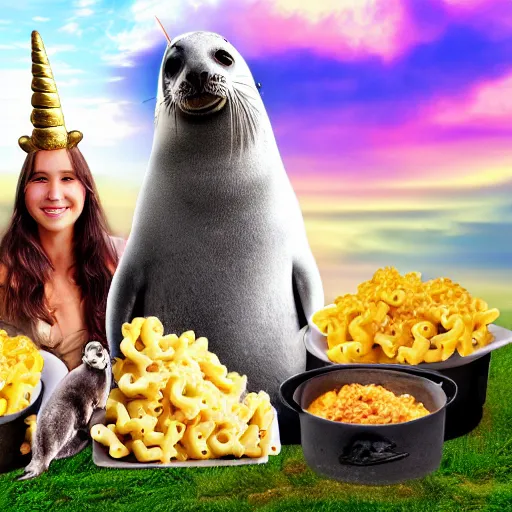 Image similar to A group photo of a seal, a unicorn, and a box of mac and cheese, ultra realistic, photography, 4k, hd, hq