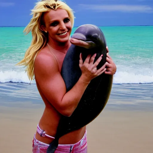 Prompt: Britney Spears hugging a dolphin on a beach, realistic, photography, 40mm, f4