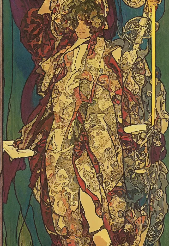 Image similar to Yoshua Bengio as the magician on a tarot card, tarot in art style by Alphonse Mucha