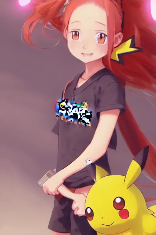 portrait of cute pokemon trainer girl with vibrant red, Stable Diffusion