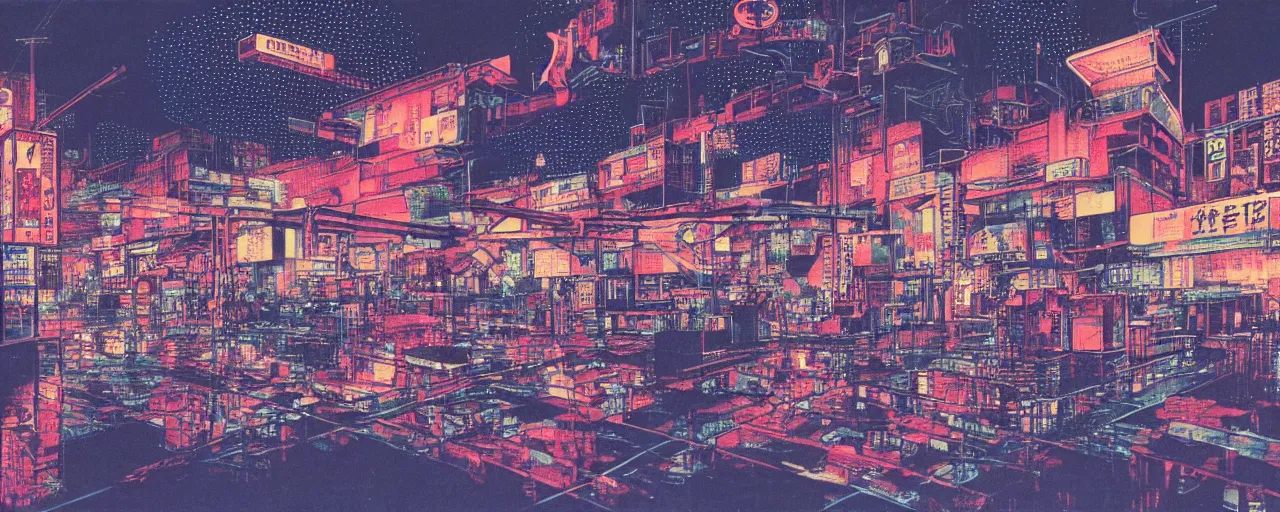 Image similar to factory exploding at night in the center of a futuristic sci-fi asian city, signboards, neon lights, blade runned color palette, by Yasunari Ikenaga, Yamato, Macross