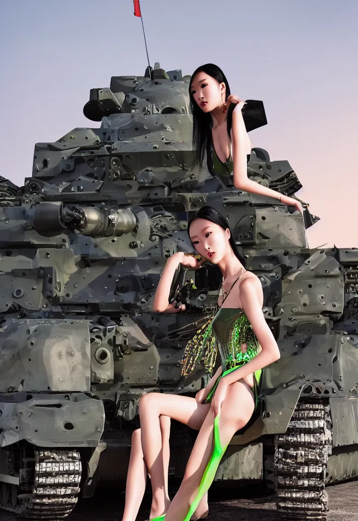 Image similar to gorgeous chinese model, elegant shiny reflective party dress, at the front of a military tank at dusk, high fashion photography for vogue italia, fluorescent color airbrush accents, neon lasers, linear geometry