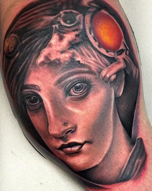 Prompt: planets coming out from the top of a broken renaissance head statue, tattoo design, hyper - realistic, in the style of tony santos