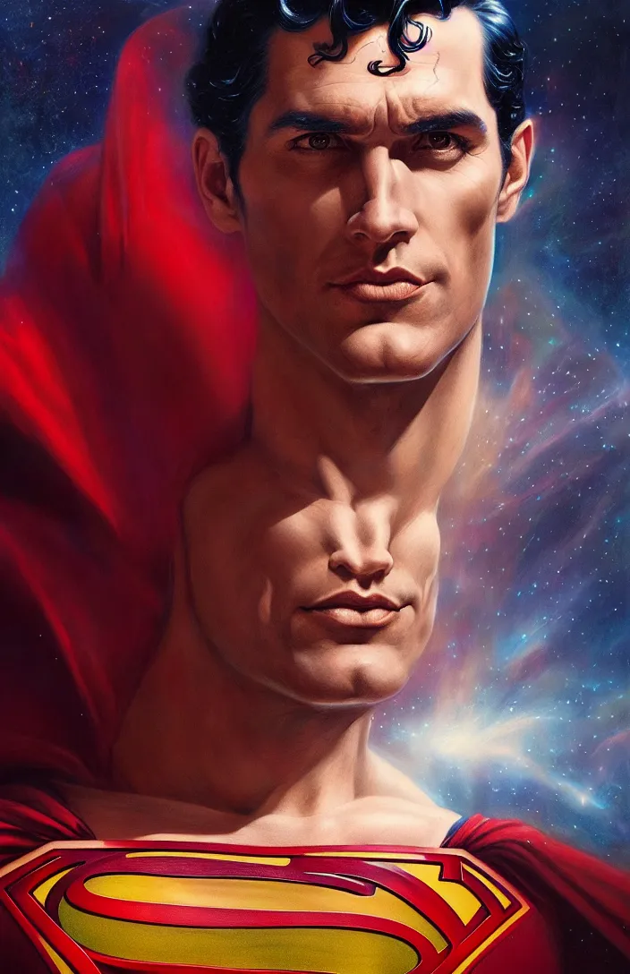 Image similar to a portrait of superman thinking of planet krypton by karol bak, james jean, tom bagshaw, rococo, sharp focus, trending on artstation, cinematic lighting, hyper realism, octane render, 8 k, hyper detailed, vivid, ultra detailed, highly detailed