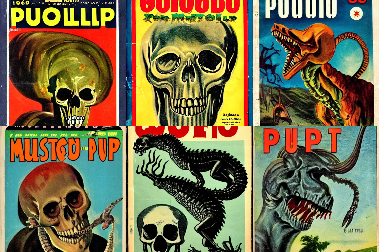 Prompt: 1960 vintage horror pulp magazine cover depicting the Skull Goatodile monster