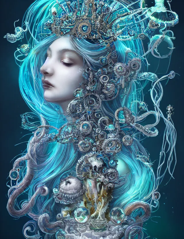 Image similar to goddess macro shouler portrait from bottom to top in crown made of ram skull. betta fish, jellyfish phoenix, bioluminiscent, plasma, ice, water, wind, creature, super intricate ornaments artwork by tooth wu and wlop and shofff and greg rutkowski