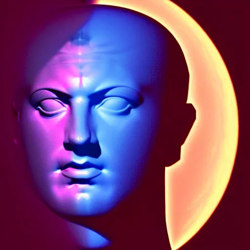 Prompt: 3 d sci - fi cgartist double exposure rendering of a hyper realistic marble greek statuary bust floating in space, at the vast pulsating interdimensional fractal space portal at the psychedelic vaporwave ombre event horizon by chris moore, by edward hopper, by col price, trending on artstation