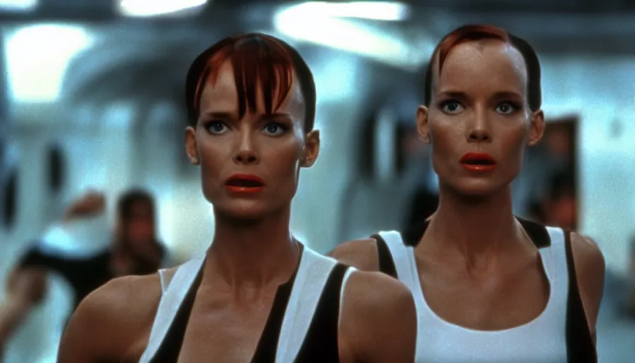 Image similar to The matrix, LeeLoo, Starship Troopers, Olivia Pope, 1960's Olympics footage, hurdlers in a race with robotic legs, intense moment, cinematic stillframe, backlit, The fifth element, vintage robotics, formula 1, starring Geena Davis, clean lighting