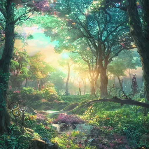 Image similar to the aesthetic view of the beautiful, grand, wistful, dreamy hidden forest at dusk, hyperrealistic anime illustration by iralki nadar, colorful, extremely detailed, intricate linework, super sharp focus, bright colors, octopath traveler, studio ghibli, unreal engine 5 highly rendered, global illumination, radiant light, detailed and intricate environment