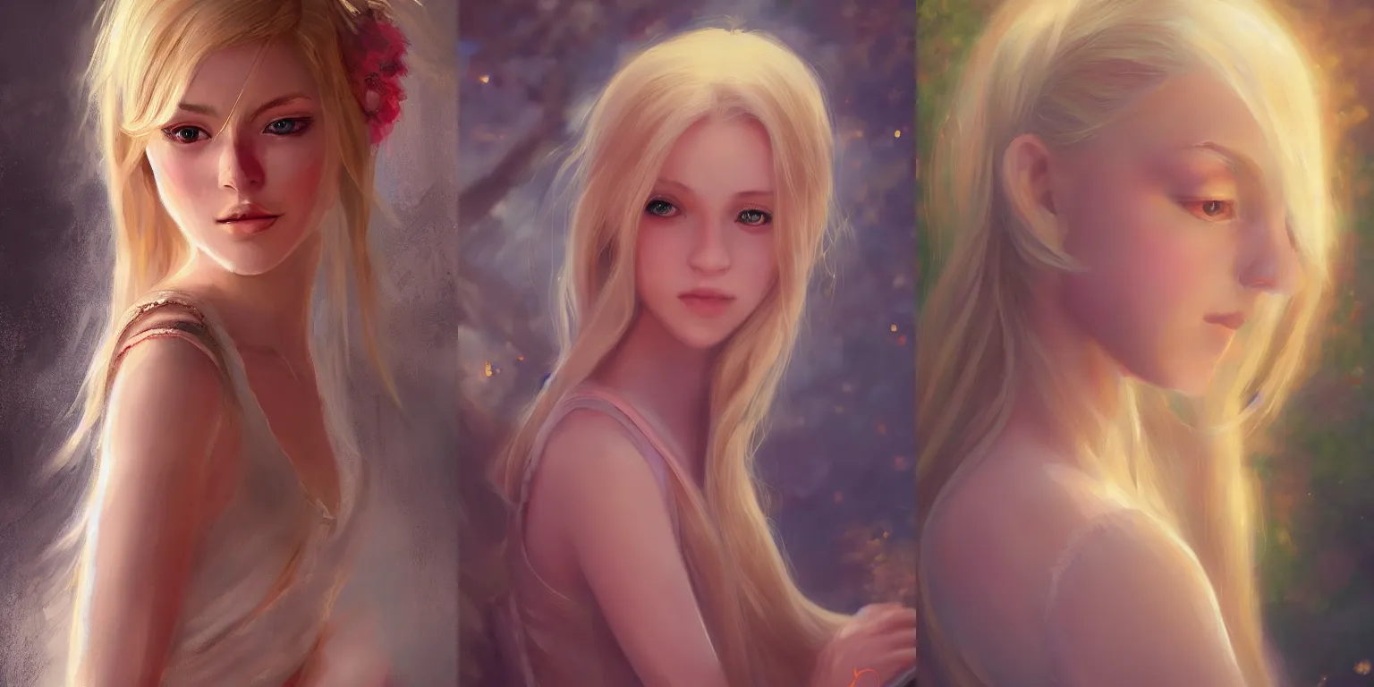 Prompt: Beautiful portrait of a beautiful girl with blonde hair, in a romantic romantic setting on a painting by Miyazaki, artstation trending, painterly, 8k