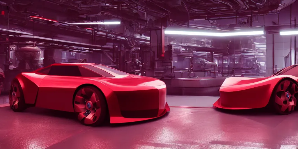 Image similar to photo of kama russian electrocar, 3 d, inside futuristic car plant, red car, advanced cybernetics, visualisation industrial design trending on artstation, sharp focus, ultra realistic, ultra high pixel detail, cinematic, intricate, cinematic light, unreal engine 8 k, volumetric lighting,