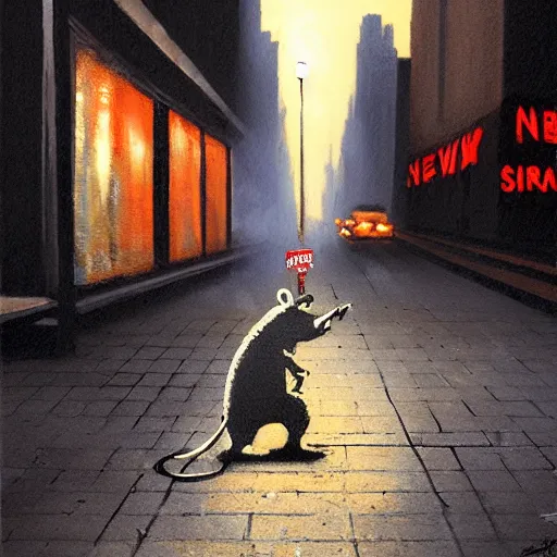 Prompt: a rat smoking a joint in new york with smoke coming through a grate in the ground and warm street lights in the background, painting by banksy, banksy art, high detail, 4 k, smooth,