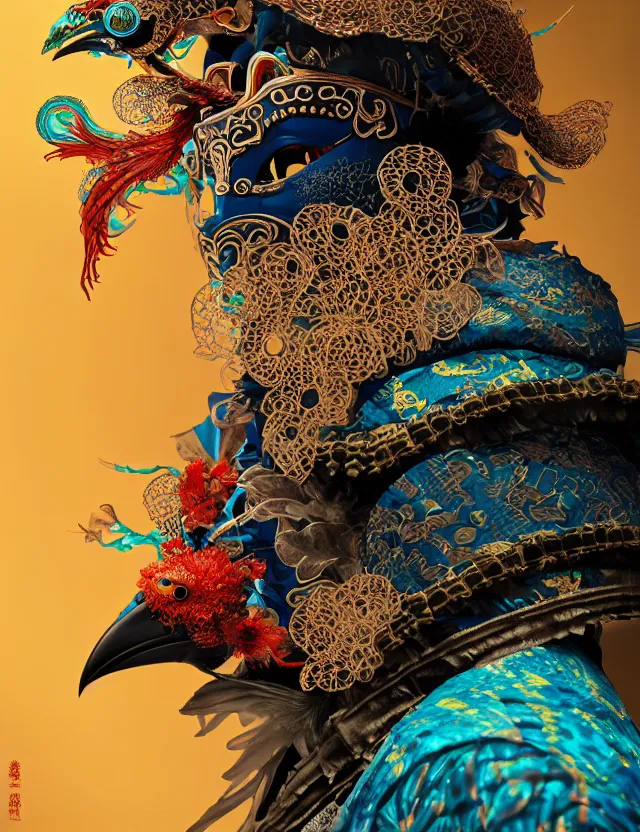 Image similar to 3 d shaman in venetian mask close - up profile portrait. beautiful intricately detailed japanese crow kitsune mask and clasical japanese kimono. betta fish, jellyfish phoenix, bio luminescent, plasma, ice, water, wind, creature, artwork by tooth wu and wlop and beeple and greg rutkowski